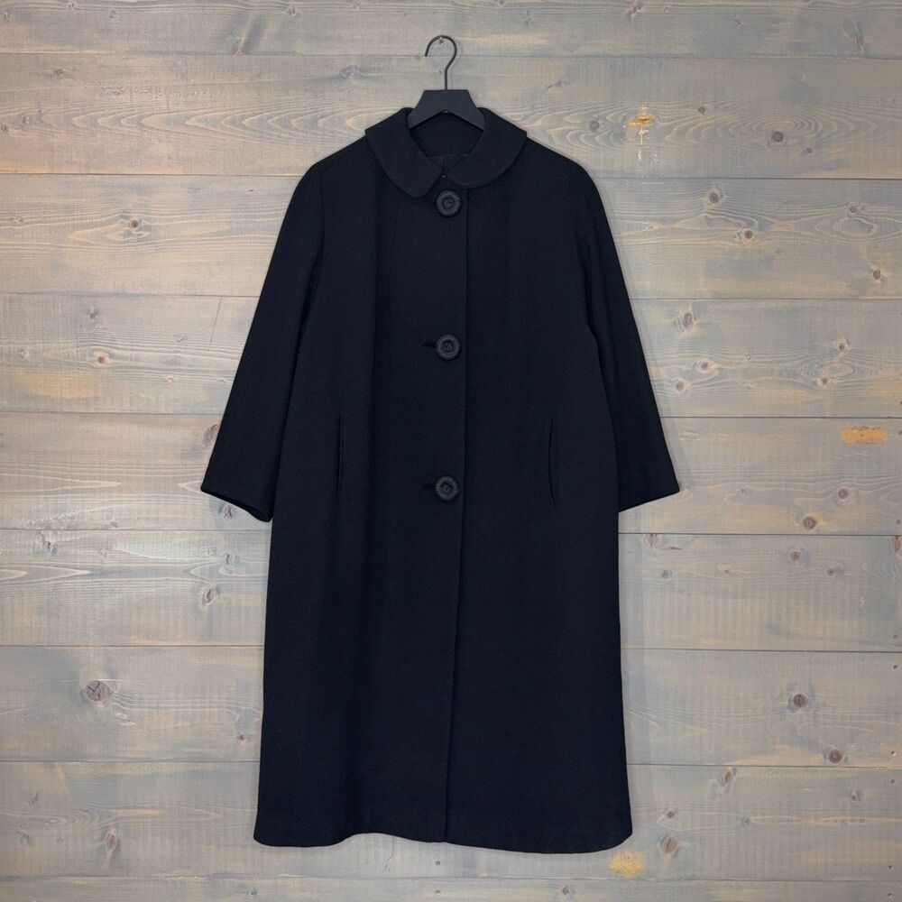 Vintage 1960s Black Wool Tight Knit Coat w/ Peter Pan Collar Fits Women's Large